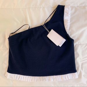 ZARA one shoulder navy blue and white ruffles top